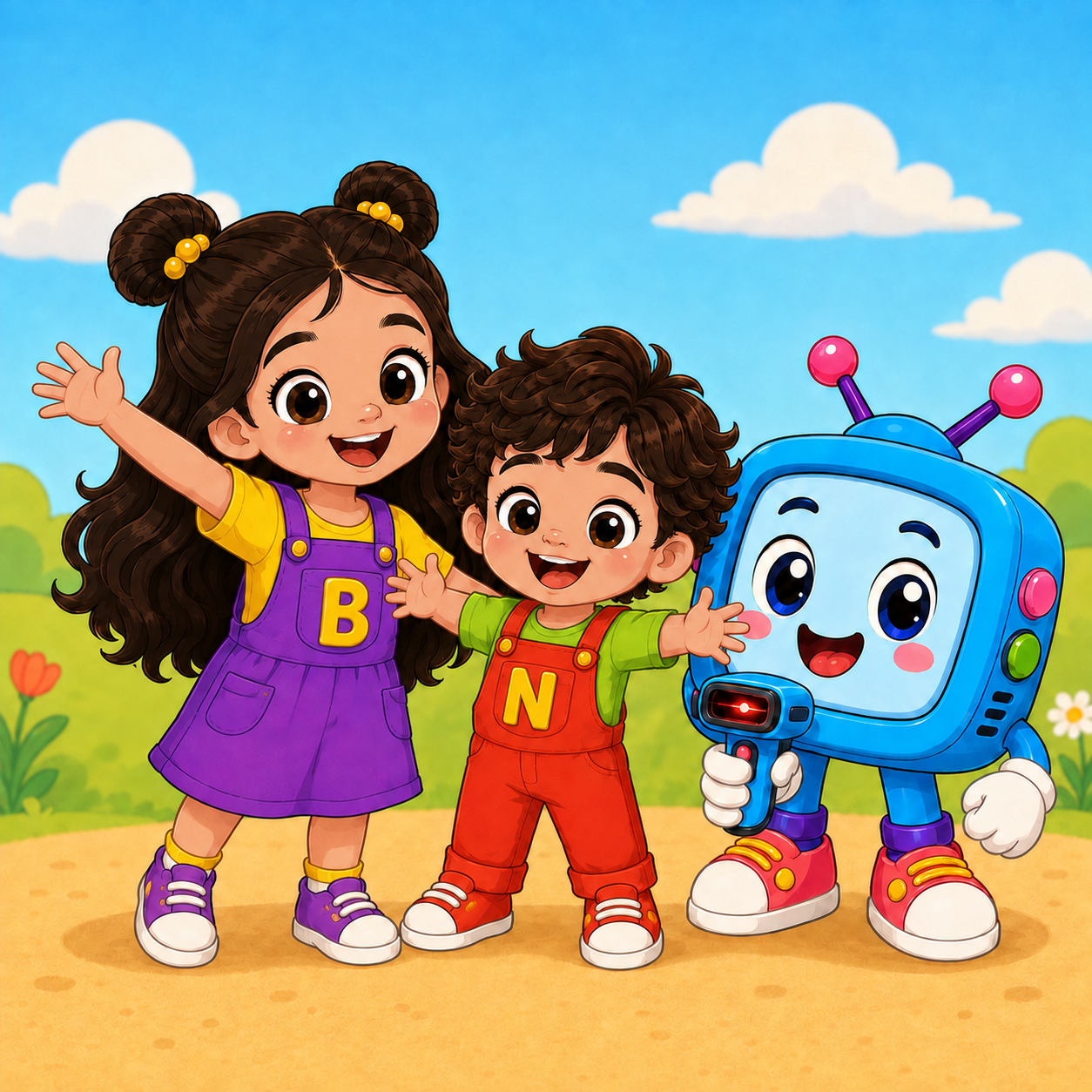 Bella, Noah e BIPI juntos em um cenário alegre ao ar livre