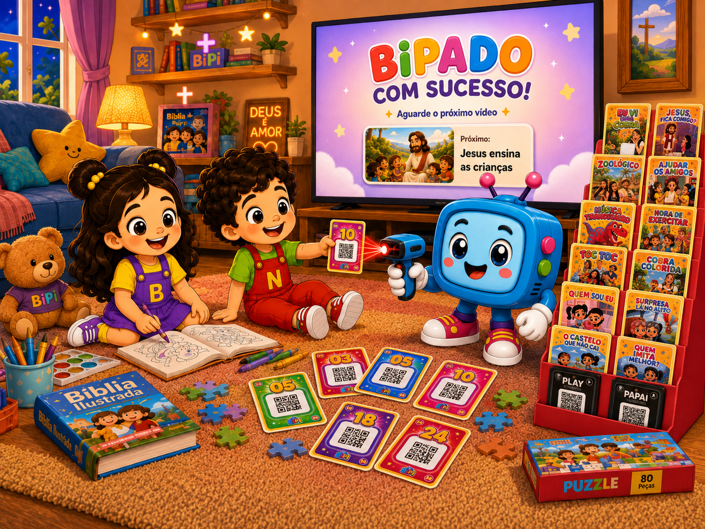 Bella, Noah e BIPI brincando com cartões diante da televisão em uma sala colorida